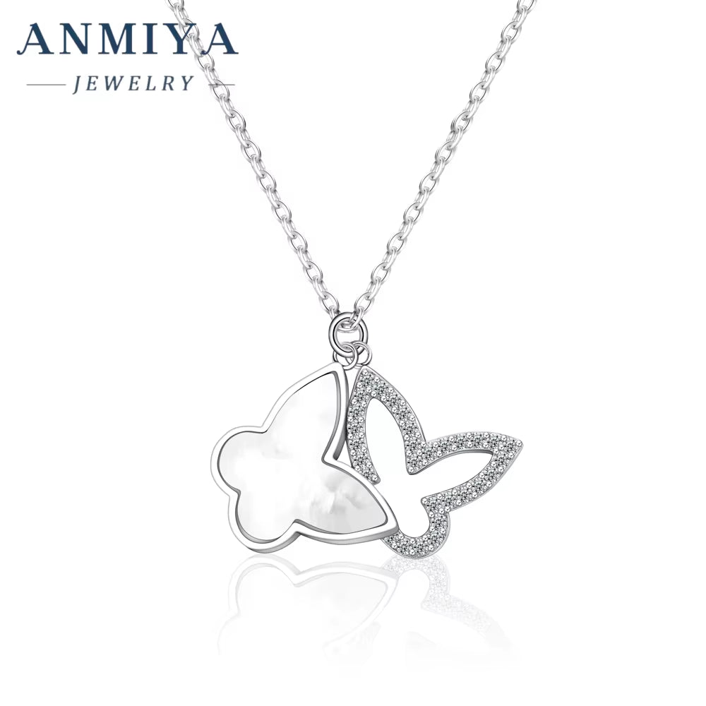 New Design Jewelry 925 Silver Zircon Butterfly Pendant Double Butterfly Necklace for Gift