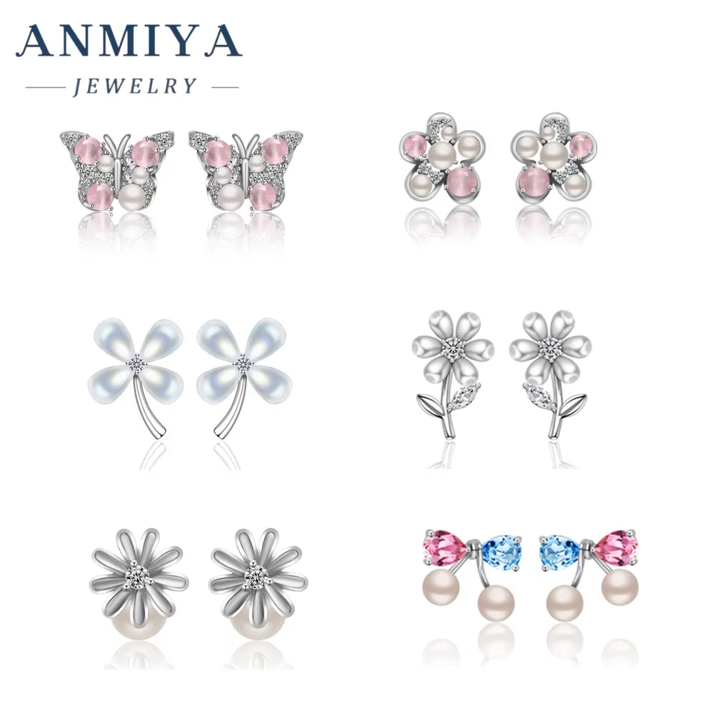 INS Designer Fashion Dainty Jewelry S925 Silver Flower Butterfly Bowknot Shape Earring Shell Fresh Water Pearls Earrings