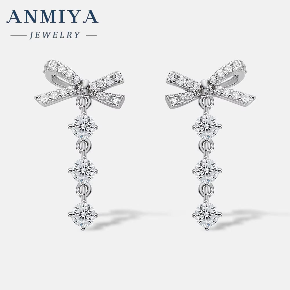 Fine Jewelry 925 Sterling Silver Bowknot Zircon Tassel Stud Earrings Women 925 Silver Earring for Women
