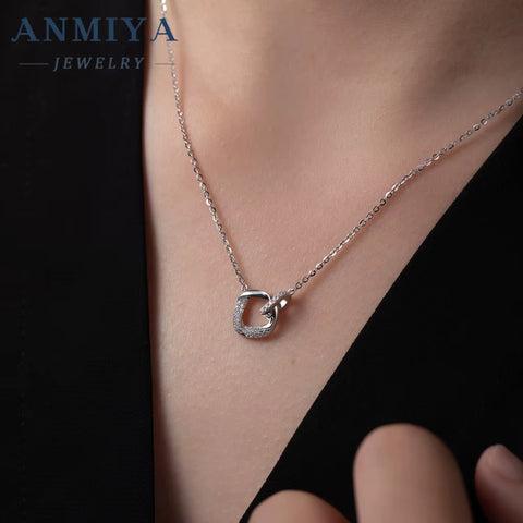 ANMIYA Geometric Square Hollow Zircon Stone 925 Silver Shine Sterling Silver 18K Gold Fashion Jewelry Girls Necklaces