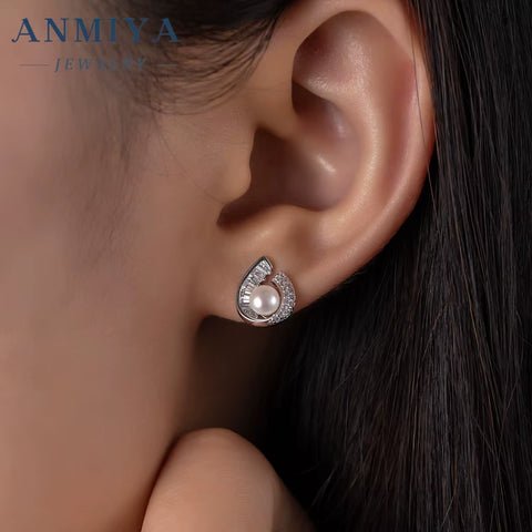 ANMIYA 925 Silver Earrings and Necklace Set Water Drop Freshwater Pearl with Water Resistant Plated Gold for Weddings Gifts