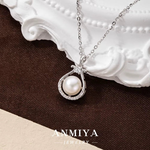 ANMIYA Simple Fashion 5A CZ Zircon Stone Paved 925 Silver Natural Freshwater Pearl Necklace Zircon Plated Wedding Women
