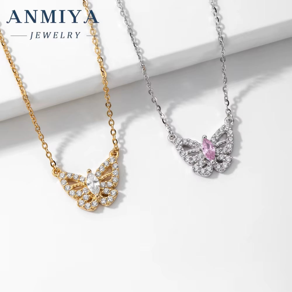 ANMIYA Best Selling Trendy Diamond Necklace 925 Sterling Silver Gifts Women Pink Zirconia Butterfly Necklace