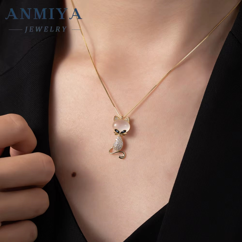 ANMIYA New Design 18K Gold Plated Cat Shape Diamond Zircon Necklace Jewelry Chain for Women Real Gold