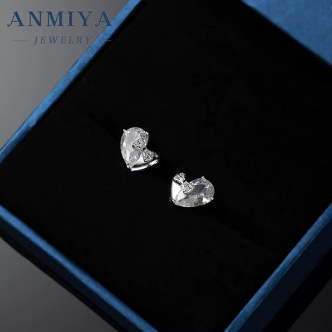 Women Simple Fine Jewelry Diamond Cubic Zircon Stone Elegant 925 Sterling Silver Heart Shaped Stud Earrings for Girls
