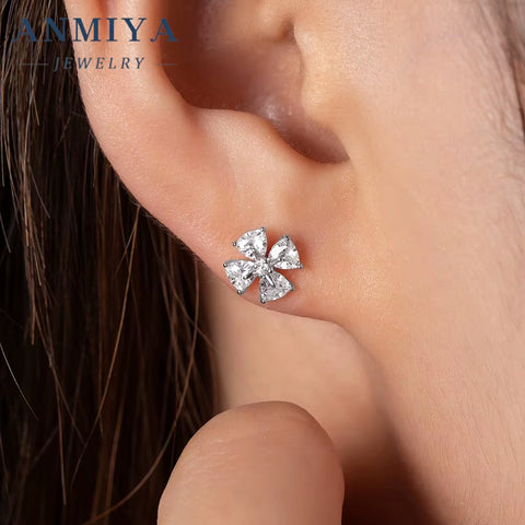 Fashion Silver-Color Tiny White Cubic Zirconia Micro Paved Flower 925 Silver Stud Earrings for Girls