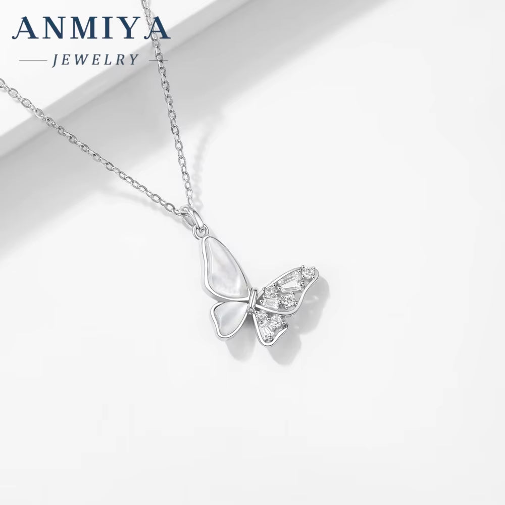 ANMIYA Sweet Fine Jewelry Friendship Jewelry 925 Silver Zircon Women Butterfly Set Pendant Necklace