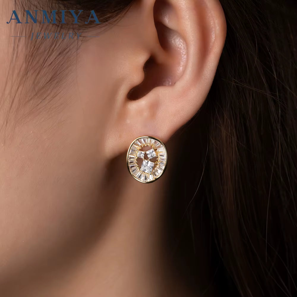ANMIYA 18K Gold Plated round Shape Hollow Out Zircon 925 Silver Fashion Earrings Necklace Set Jewelry for Ladies