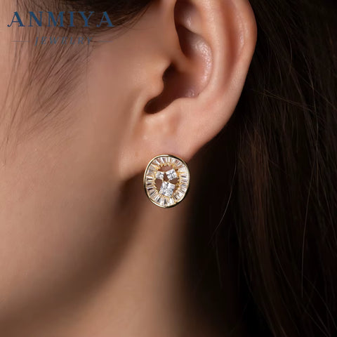 ANMIYA 18K Gold Plated round Shape Hollow Out Zircon 925 Silver Fashion Earrings Necklace Set Jewelry for Ladies