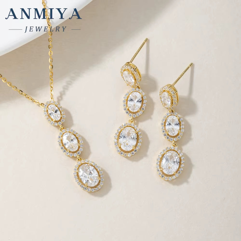 ANMIYA Fashion Jewlery Fine 925 Silver Long Oval Zircon Stone Diamond Necklace and Earrings Set for Women Ladies