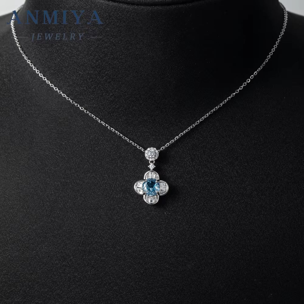 INS round Brilliant Ice Cut Zircon Flower Shape Blue Zircon 925 Silver Designer Minimalist Necklace for Women
