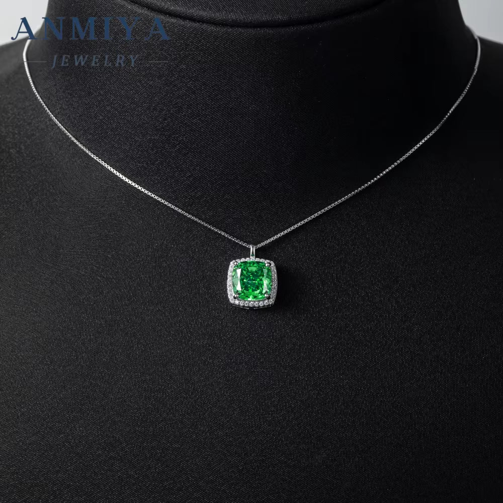 ANMIYA High Quality Green Zircon Cushion Cut Crafted 925 Sterling Silver Necklaces