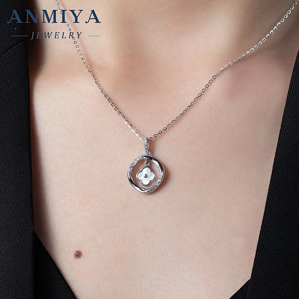 ANMIYA 925 Sterling Silver Exquisite Necklace Women Elegant Wedding Accessory Hollow Flower Four Leaf Clover Cute Style Zircon