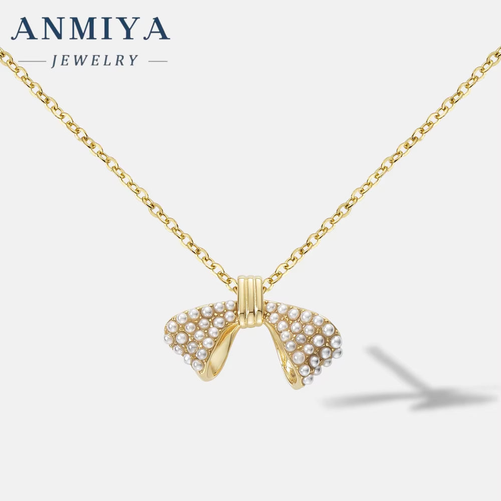 ANMIYA Popular Jewelry Necklace Sets 18K Gold Plated 925 Silver Waterproof Dainty Bow Charm Necklace for Gift