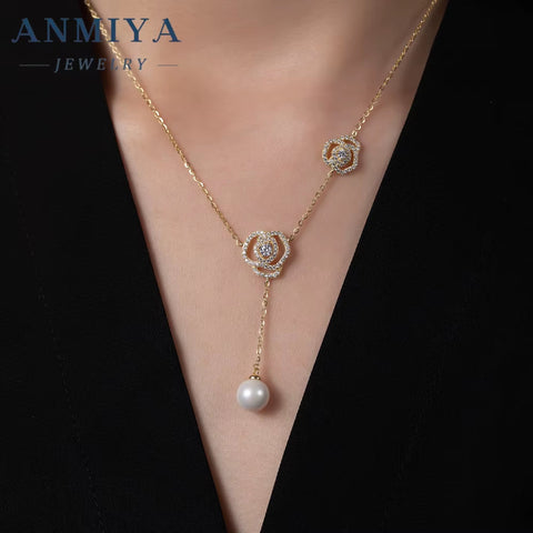 ANMIYA Minimalist New Design 18K Gold Plated Necklace Rose Flower Pendant Charm Pearl 925 Silver Necklace for Women