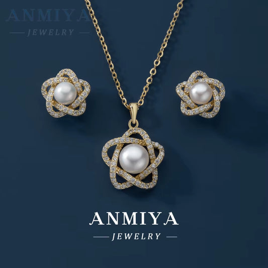 ANMIYA Best Selling High Quality Star Peal 925 Sterling Silver 18K Gold Necklace Earrings Set Hypoallergenic
