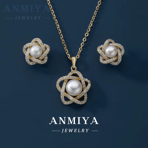 ANMIYA Best Selling High Quality Star Peal 925 Sterling Silver 18K Gold Necklace Earrings Set Hypoallergenic