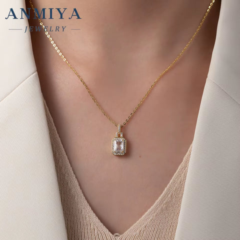 ANMIYA 2024 New Square Zircon Necklace Earrings 925 Silver 18K Gold-Plated Zircon Fashion Jewelry Necklace Set for Women