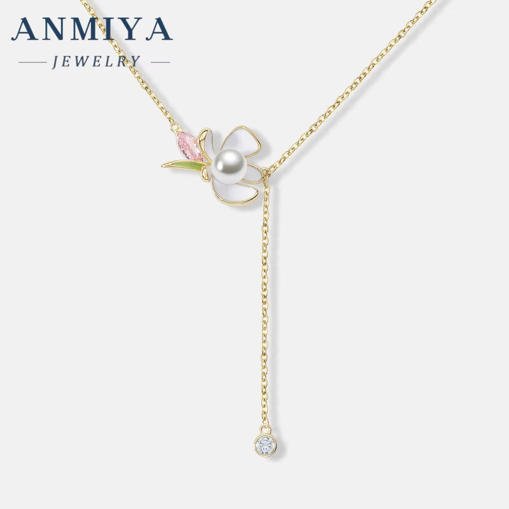 ANMIYA Women'S 18K Gold Plated Link Chain Necklace 925 Silver Tassels with Pearl Flower Pendant for Gifts