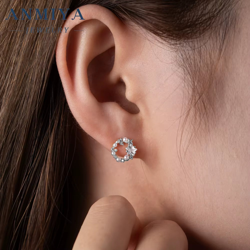 ANMIYA Unique Elegant Garland Star and Pearl Ins Fashion Jewelry Stud Earrings S925 for Bridal