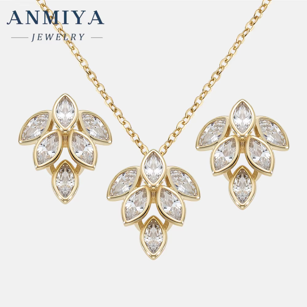 ANMIYA Custom Wholesale Fashion Ladies Necklace Earring Sets Rhinestone Long Leaf Gold Jewelry Set for Women