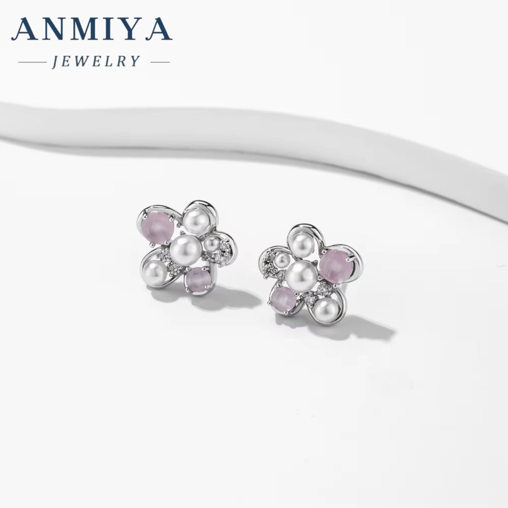 ANMIYA 925 Sterling Silver Zircon Pearl Flower Stud Earrings Cute Studs Rhodium Plated Fine Jewelry for Girl