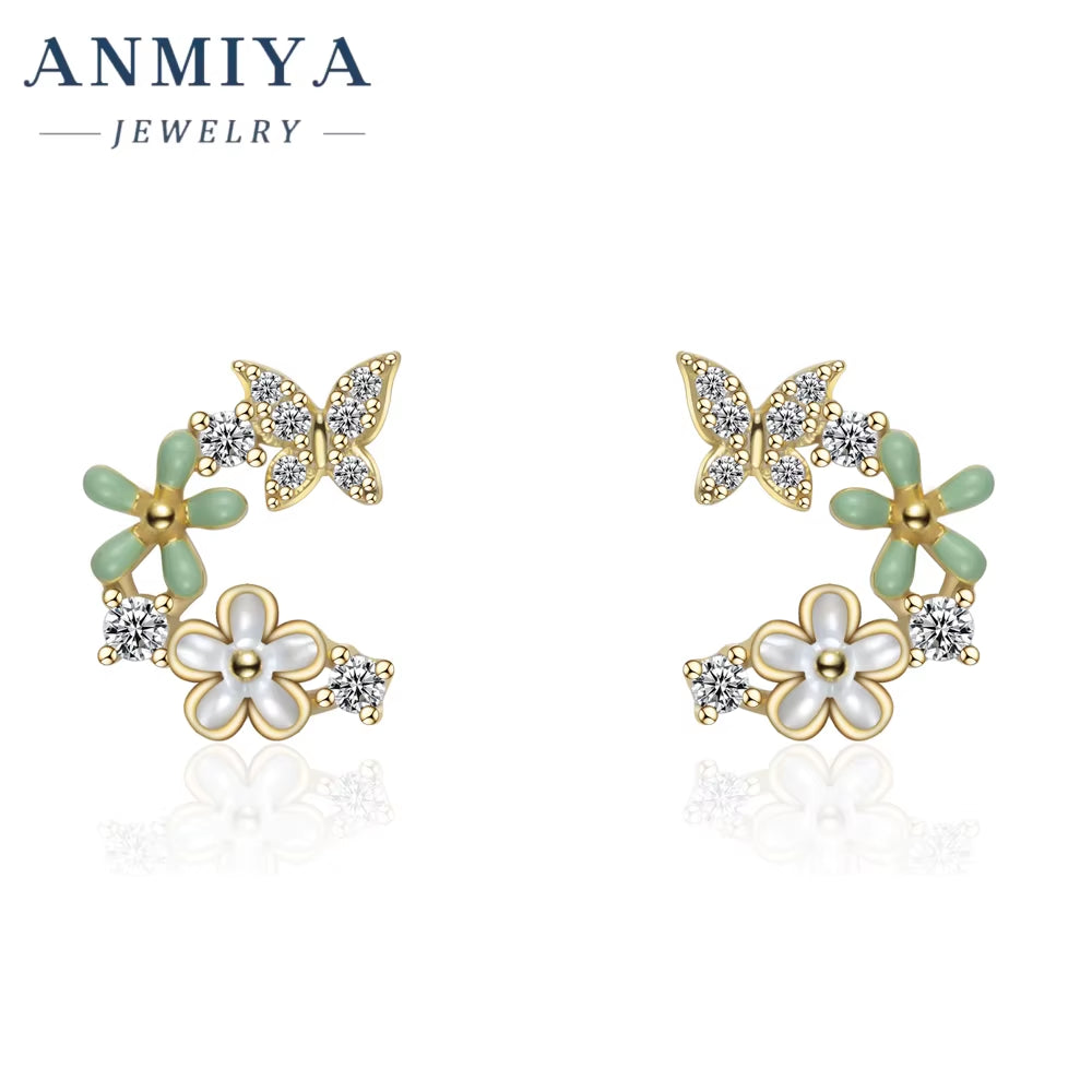 ANMIY Fine Designer Brand Fashion Butterfly Flower Shape Stud Earrings 925 Silver for Girl