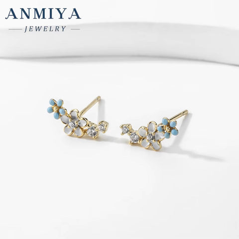 INS Summer Fancy Blue Flower Zircon 925 Sterling Silver Stud Earrings for Women Girls