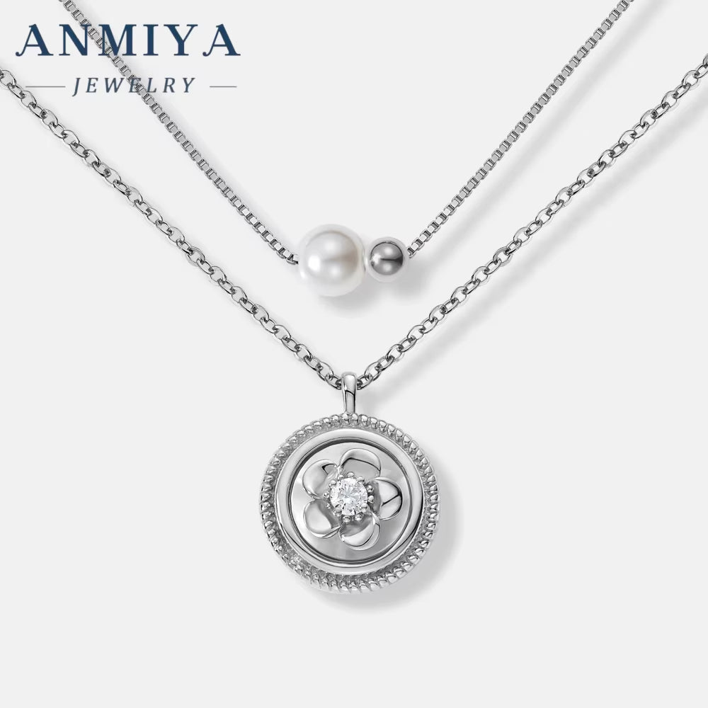 ANMIYA CUSTOM OEM Fine Jewelry Zircon 925 Sterling Silver Fresh Water Pearl Multi-Layered Necklace for Women