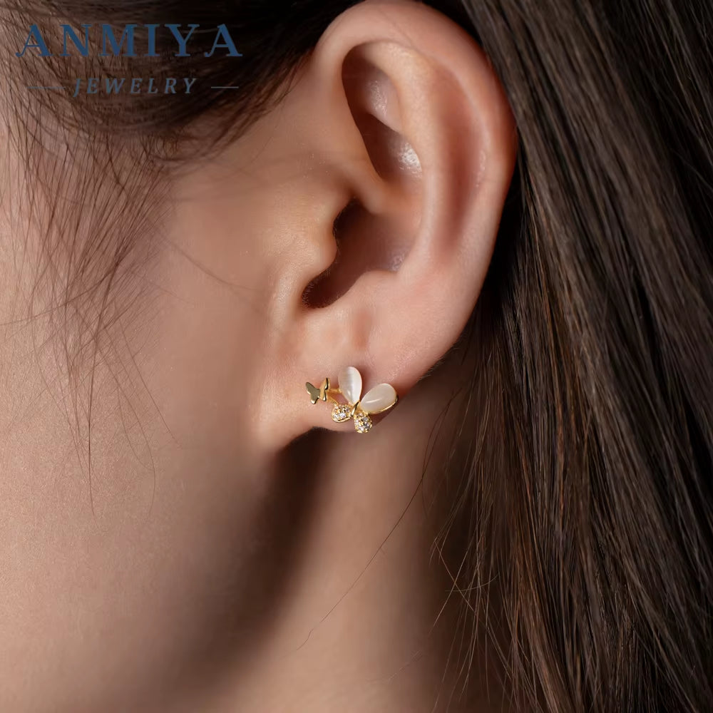 New 18K Gold Plated Luxury Design Minimalist Butterfly Shaped Fresh Water Pearls Earrings Zircon Stud Earrings