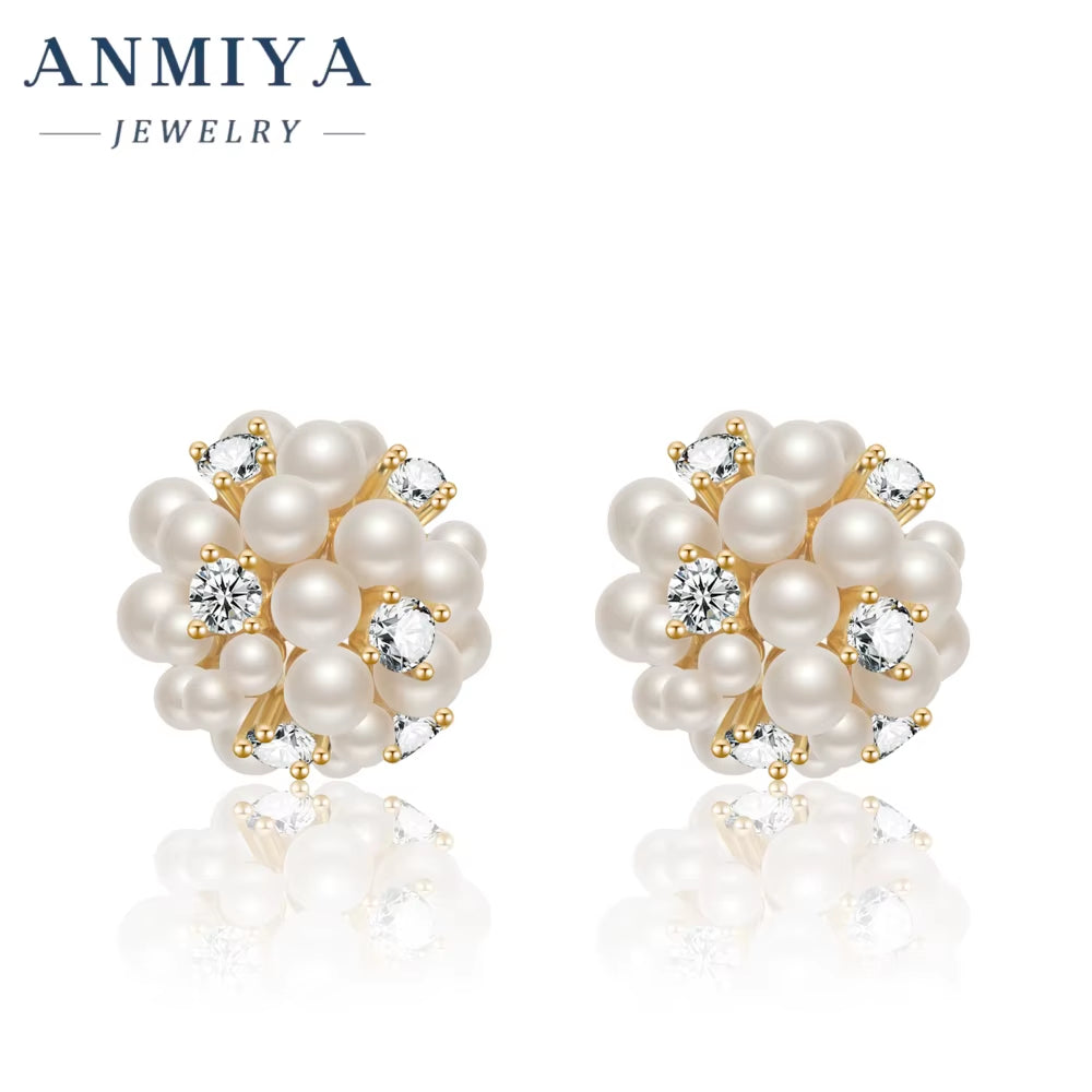 ANMIYA 2024 Earrings Women Plated 925 Sterling Silver CZ Pearl Flower Earrings