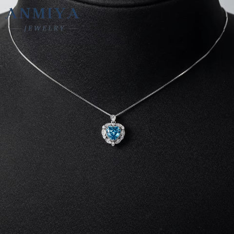 Fashion Jewelry Sterling Silver Ice Cut Heart Blue CZ Necklace Love Lovers Gift Necklace