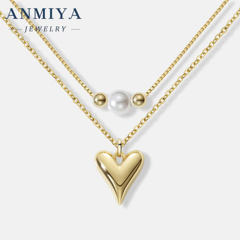 Fashionable Pearl Love Pendant 925 Silver Necklace Gold Plated Heart Double Layer Chain Necklace for Women Party Jewelry