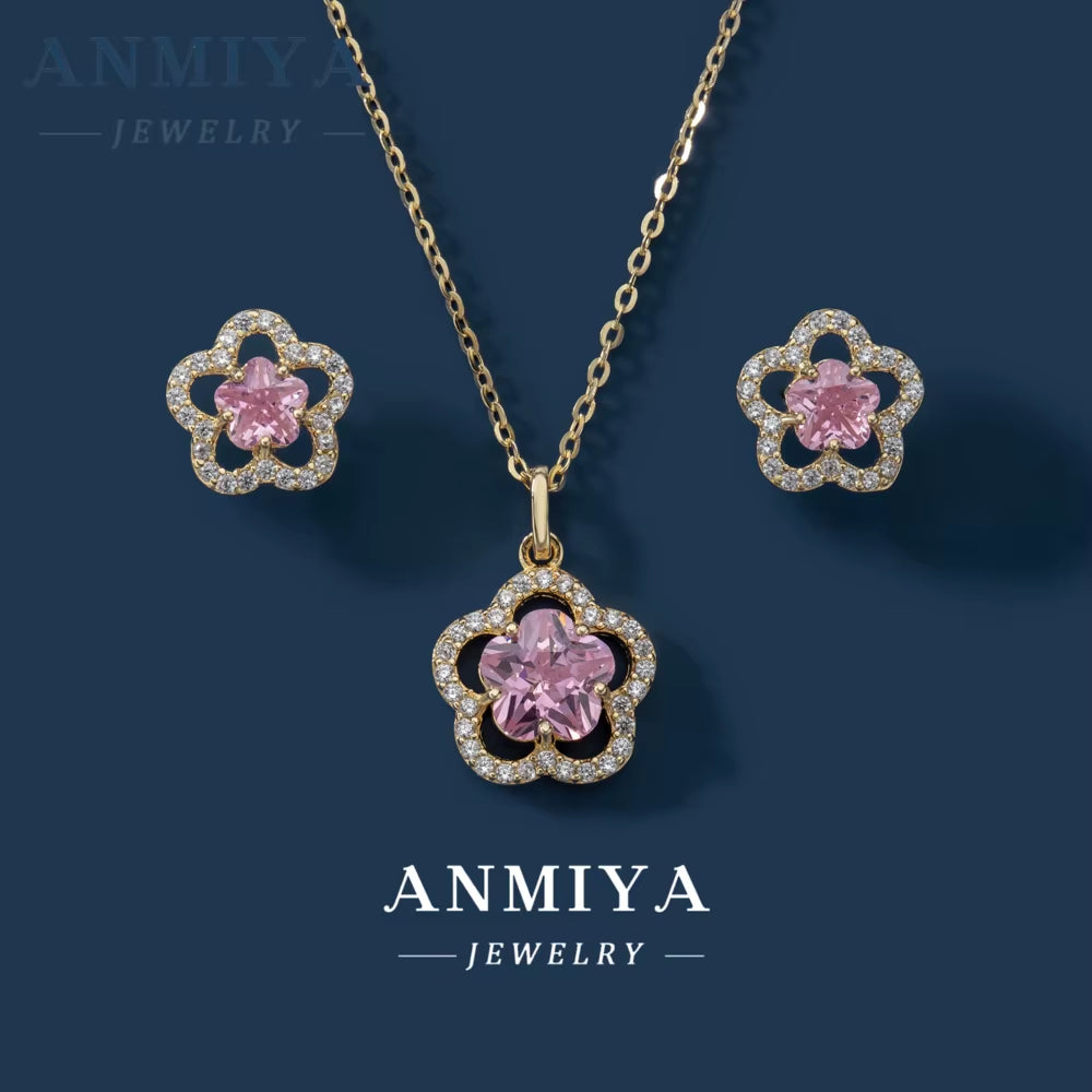 ANMIYA Inoxidable Luxury Pink Zirconia Four Leaf Clover Necklace Set Earrings for Women Wholesale Jewelry Fashion