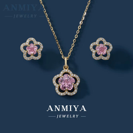 ANMIYA Inoxidable Luxury Pink Zirconia Four Leaf Clover Necklace Set Earrings for Women Wholesale Jewelry Fashion