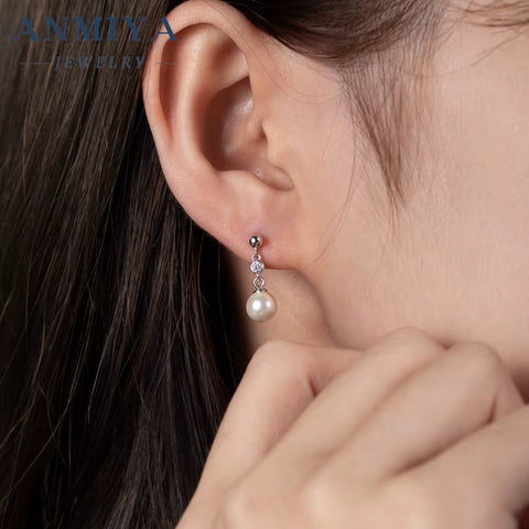 ANMIYA Fashion Jewelry Earrings S925 Sterling Silver Freshwater Pearl Earrings Rhinestone Pearl Stud Earrings