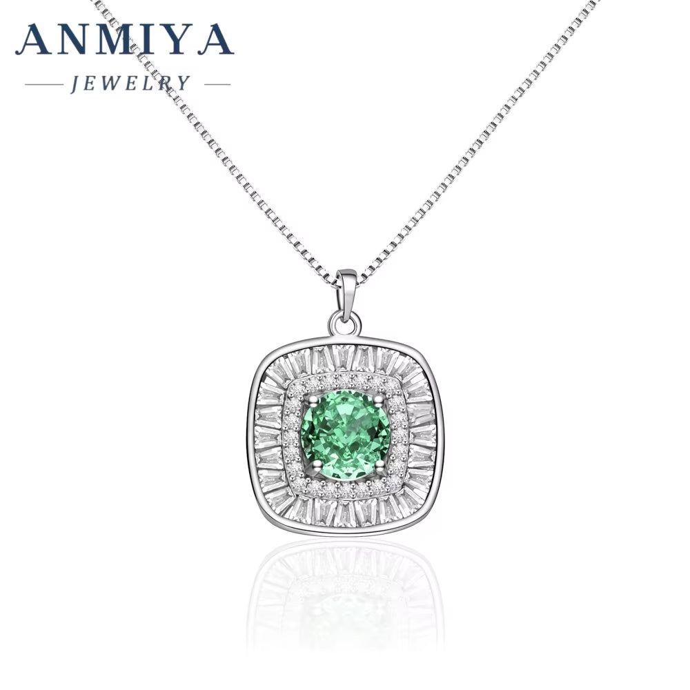 Luxury Women 925 Silver Square Necklaces with Green round Brilliant Cut Women'S Necklace Wholesale Jewelry