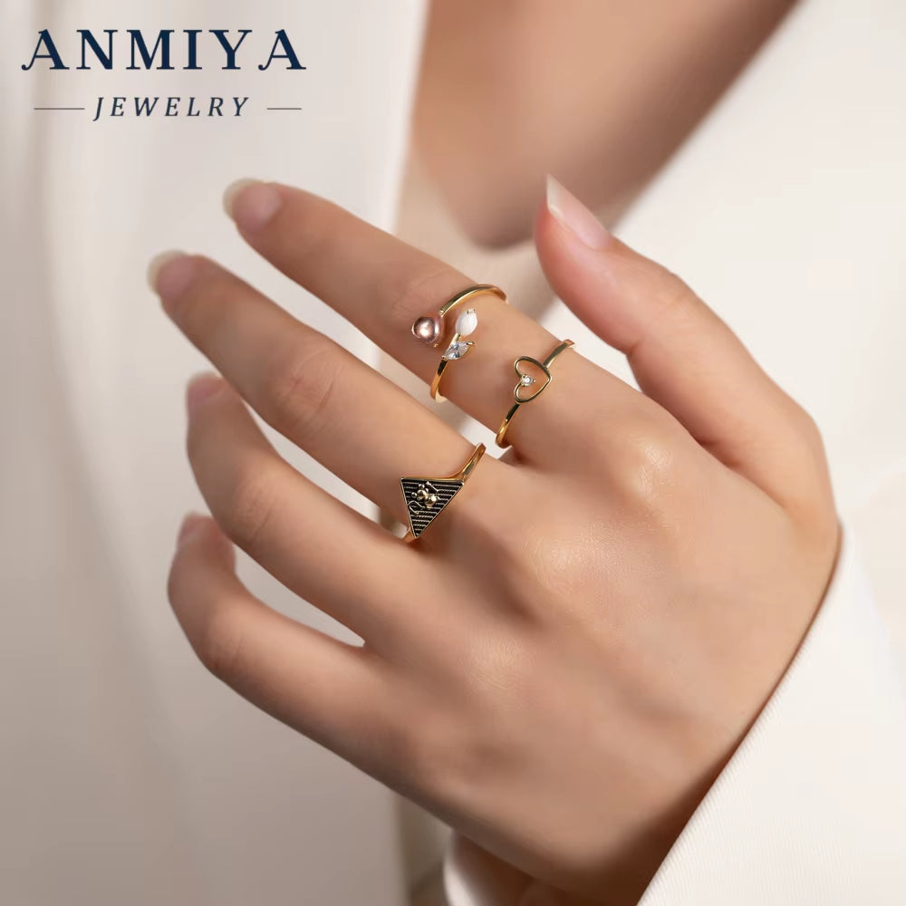 ANMIYA Luxury 925 Sterling Silver Chunky Rings 18K Gold Heart Shaped Triangle Ring Set for Lover Women Anniversary Gift
