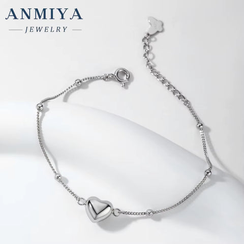 ANMIYA Ins Niche Girl'S Heart Bracelet Waterproof Heart Charm Chain Bangles 925 Silver Women Fine Fashion Bracelet