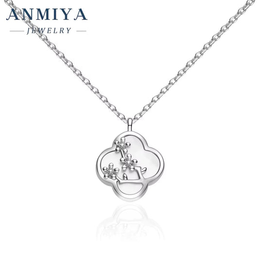925 Sterling Silver Plum Blossom Necklace Four Leaf Clover Zircon Necklace for Women Men