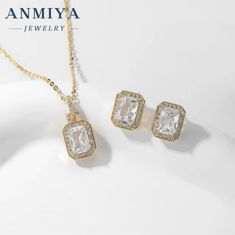 ANMIYA 2024 New Square Zircon Necklace Earrings 925 Silver 18K Gold-Plated Zircon Fashion Jewelry Necklace Set for Women
