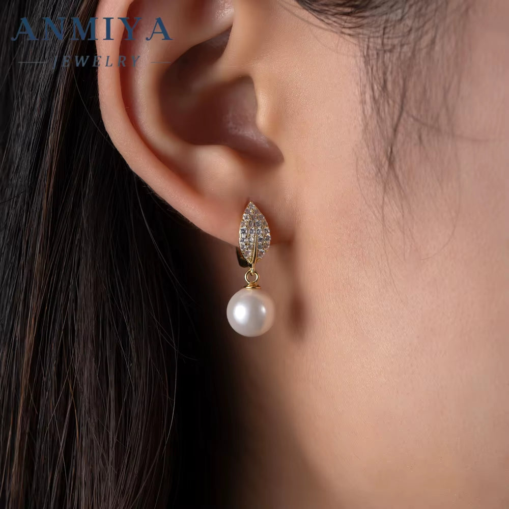ANMIYA Dainty Gold Plated Hypoallergenic Zircon Leaf Stud Pearl Earrings Fashion Jewelry Gift 925 Silver for Women