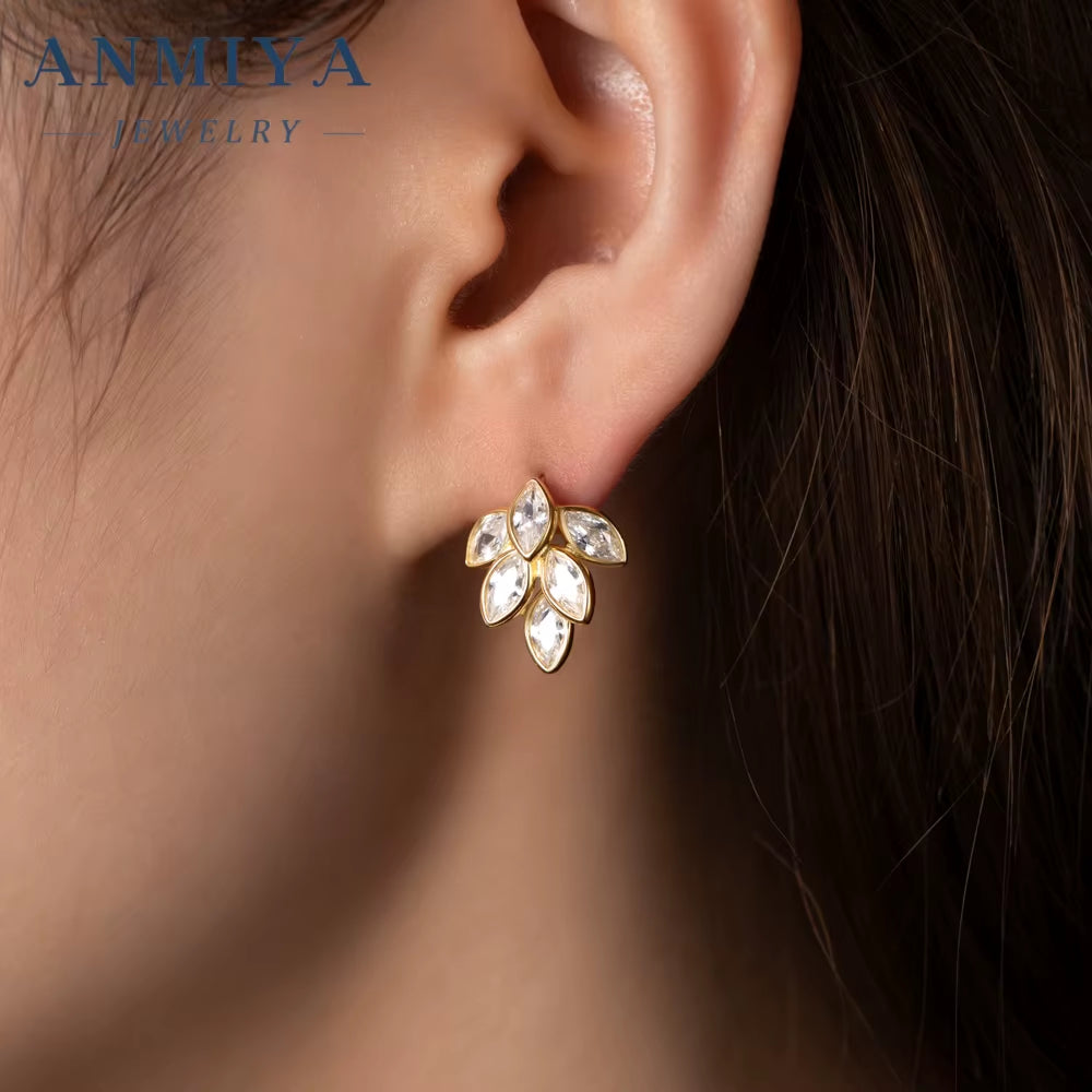 ANMIYA Custom Wholesale Fashion Ladies Necklace Earring Sets Rhinestone Long Leaf Gold Jewelry Set for Women