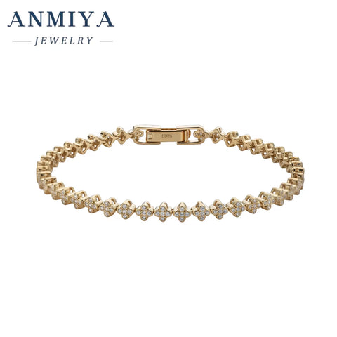 ANMIYA 925 Silver Fashion Charm Bracelet Inlaid Four Leaf Clover Zirconia Tennis Chain Clover Waterproof Bracelet for Women