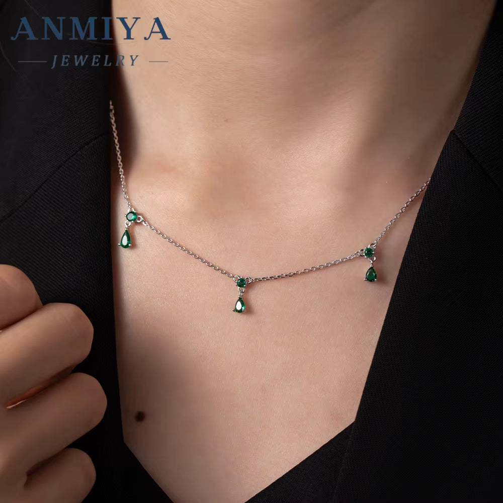 Fashionable 925 Sterling Silver Fashion Jewelry Pendent Necklaces Green Zircon Tassel Collarbone Necklace