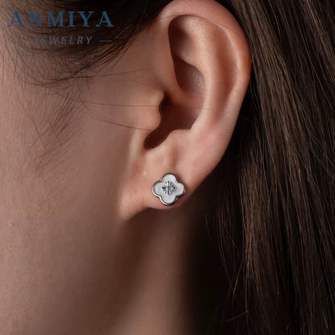 European INS Style Silver Plated Shinny Four Leaf Clover Shell Pearl 925 Silver Zirconia Stud Earrings