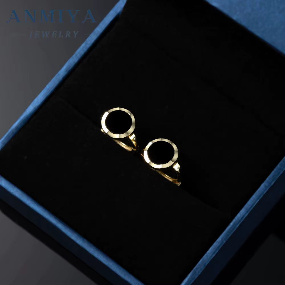 ANMIYA Black round 18K Gold Plated Classic Vintage Fashion Jewelry Hoop Stud for Girl Female Women