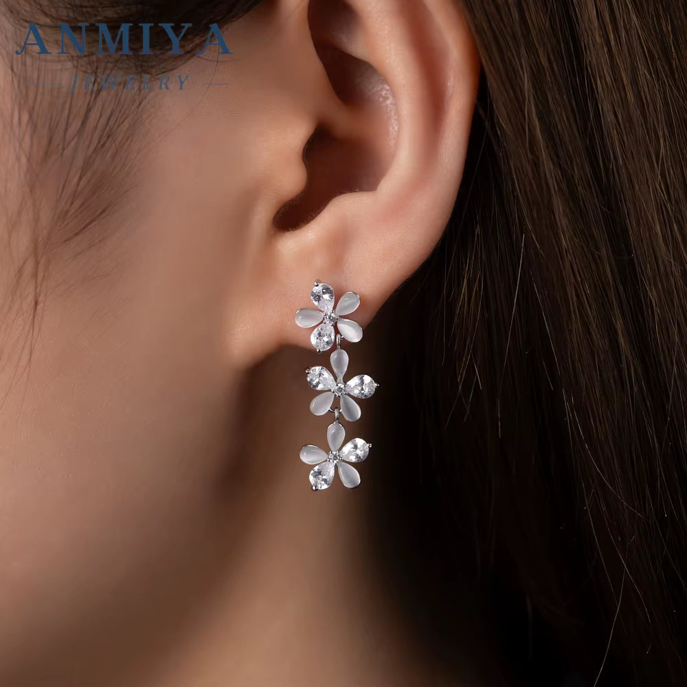 ANMIYA Korean Style Fine Long Flower Dainty 925 Sterling Silver Earrings Necklaces Set for Women Wholesale