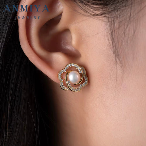 New Fashion Rose Pearl Earrings 925 Silver Women'S High-Grade Personality All-Match Rose Earrings Exaggerated Earrings