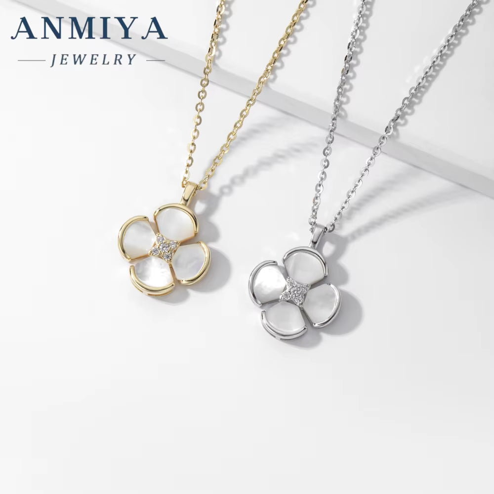 ANMIYA Fashion Charm High Quality 925 Silver Design Four Leaf Clover White Shell Necklace with Certificate